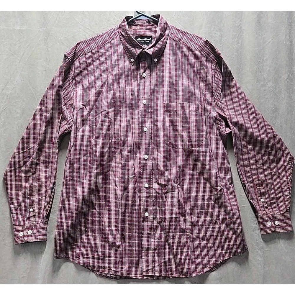 Eddie Bauer Shirt Mens Large Relaxed Fit Red Maroon Plaid Cotton Button Up